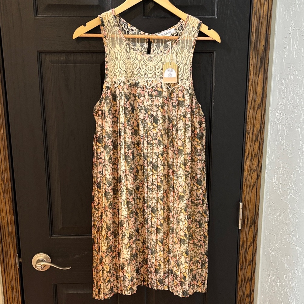 Taylor & Sage Sleeveless Floral Dress with Lace Yoke - Pink & Green